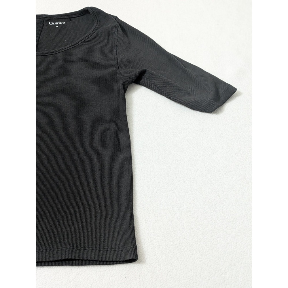 Quince Women Cotton Micro-Rib Elbow Sleeve Tee Black Sleeved Top Med - Picture 3 of 9